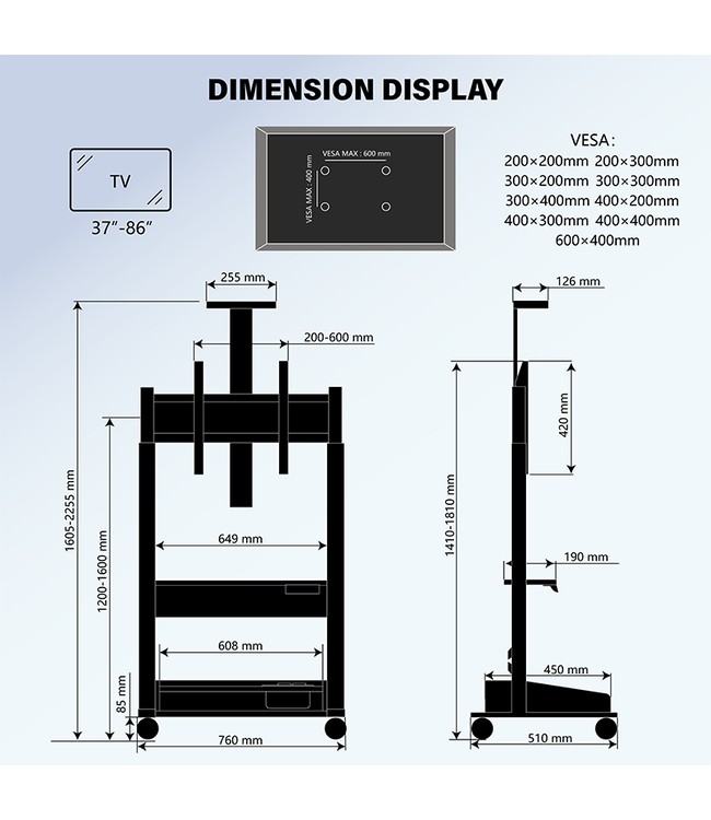 DQ Wall-Support Support TV Zelos réglable électriquement noir noyer