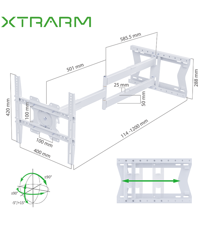 XTRARM Ferrom 120 cm Rotate VESA 400 Blanc - Support tv mural