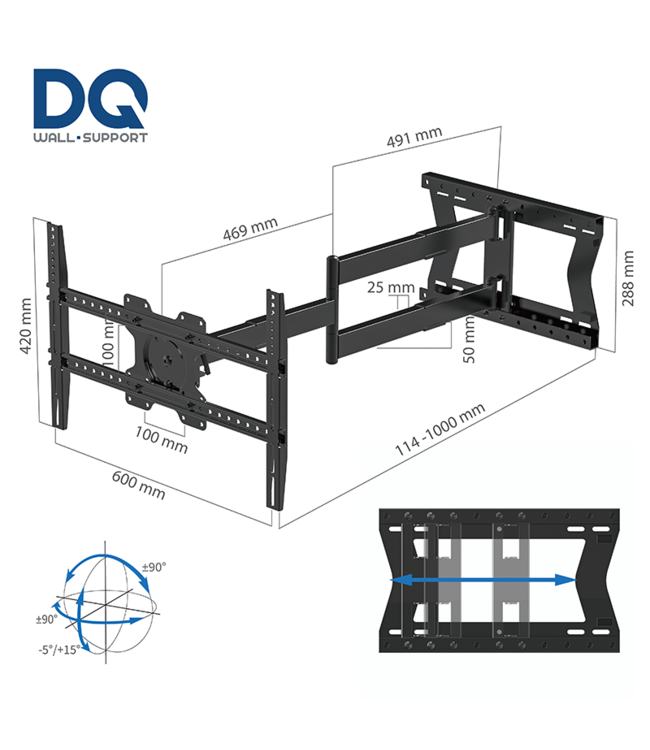 DQ Wall-Support Hercules 2.0 100 cm Flex 600 Noir - Support Mural TV