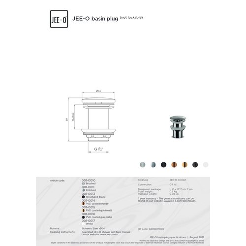 JEE-O JEE-O Wastafelplug niet afsluitbaar geborsteld rvs - 001-0010