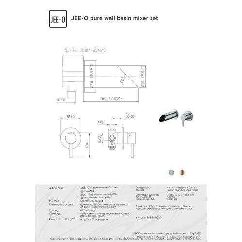 JEE-O JEE-O Pure wand wastafelmengkraan set geborsteld rvs  - 006-0000