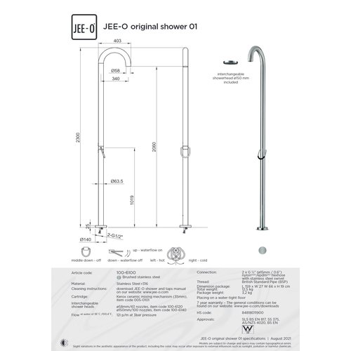 JEE-O JEE-O Orginal 01 Vrijstaande douche met éénngreepsmengkraan geborsteld rvs - 100-6100