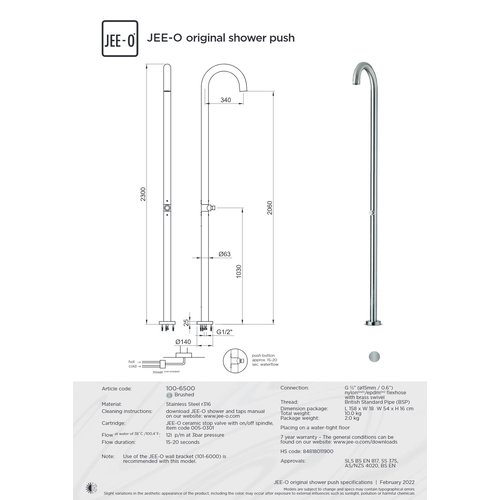 JEE-O JEE-O Orginal Vrijstaande douche met eco druk knop geborsteld rvs - 100-6500