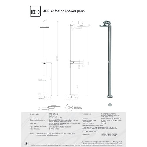 JEE-O JEE-O Fatline Vrijstaande douche met eco druk knop geborsteld rvs - 200-6500