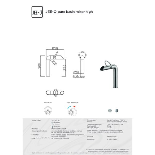 JEE-O JEE-O Pure wastafelkraan hoog geborsteld rvs - 300-1750