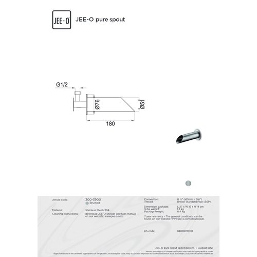 JEE-O JEE-O Pure Wand uitloop voor wastafel of bad geborsteld rvs - 300-3900