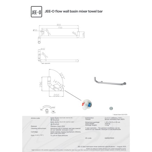 JEE-O Flow Wandwastafelkraan met handdoekrek mixer links - 500-1570 | Links JEE-O JEE-O Flow Wandwastafelkraan met handdoekrek mixer links - 500-1570 | Links