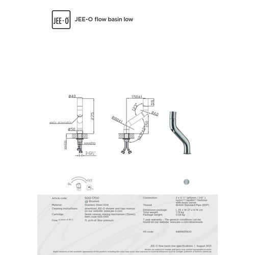 JEE-O JEE-O Flow Wastafelkraan laag geborsteld rvs - 500-1700