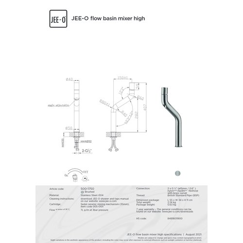 JEE-O JEE-O Flow Wastafelkraan hoog geborsteld rvs - 500-1750