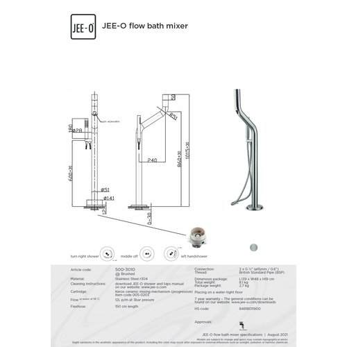 JEE-O JEE-O Flow Vrijstaande badmengkraan met handdouche geborsteld rvs - 500-3010
