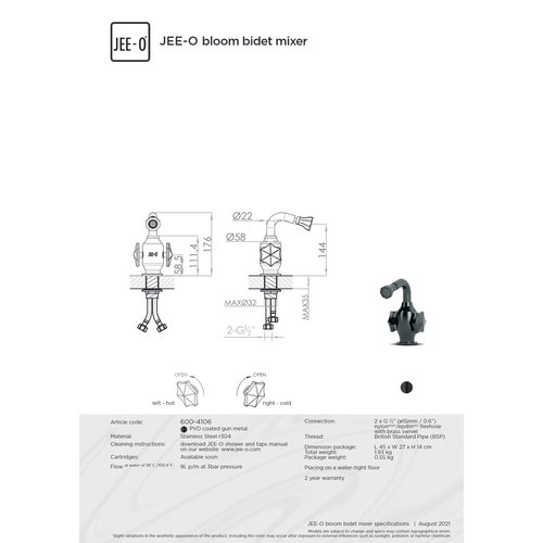 JEE-O JEE-O Bloom Opbouw bidetkraan met tweegreepsmengkraan gun metal - 600-4106