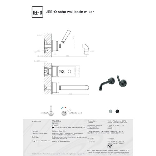 JEE-O JEE-O Soho RAW Wand wastafelmengkraan met progressieve cartridge en inbouwdeel Mat zwart - 700-1500