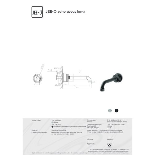 JEE-O Soho RAW Wand uitloop voor wastafel of bad - 700-3900 | Lang | Mat zwart JEE-O JEE-O Soho RAW Wand uitloop voor wastafel of bad - 700-3900 | Lang | Mat zwart