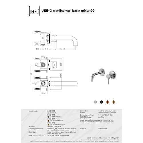 JEE-O JEE-O Slimline Wand wastafelkraan met inbouwdeel en 90 graden uitloop geborsteld rvs - 800-1510