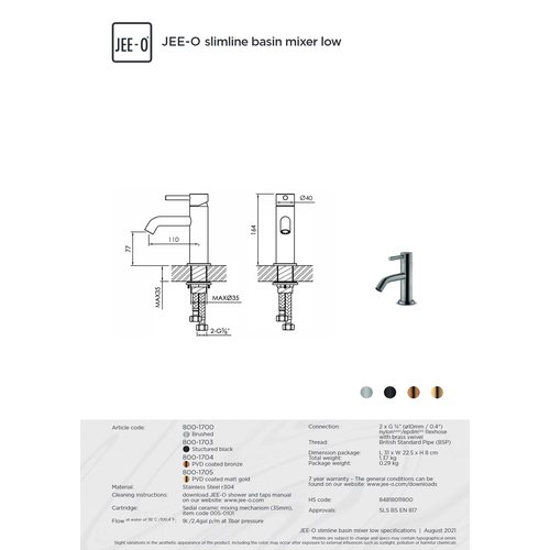 JEE-O JEE-O Slimline Opbouw wastafelkraan met éénngreepsmengkraan Mat zwart - 800-1703