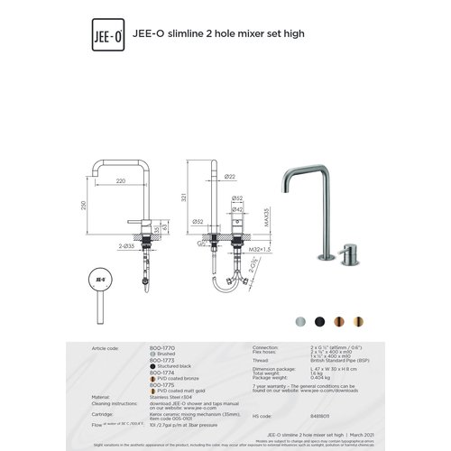 JEE-O JEE-O Slimline Twee-gats opbouw wastafel mengkraan hoog brons  - 800-1774