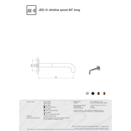 JEE-O JEE-O Slimline Wand uitloop voor wastafel of bad 90 gr lang 250 Mat zwart - 800-3813