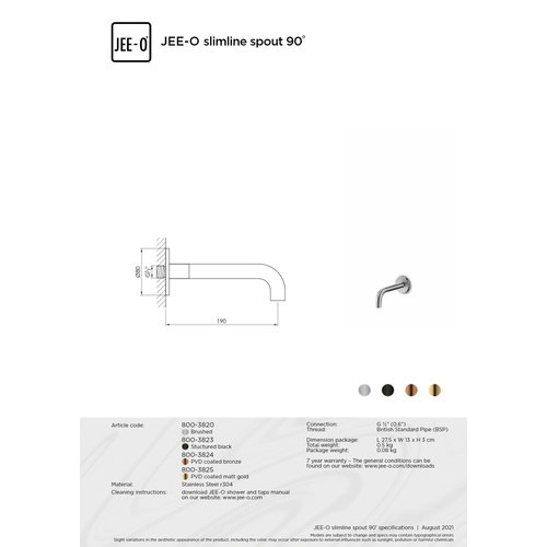 JEE-O JEE-O Slimline Wand uitloop voor wastafel of bad 90 gr kort 190 Mat zwart - 800-3823