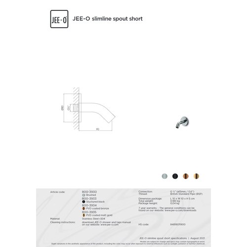 JEE-O JEE-O Slimline Wand uitloop voor wastafel of bad kort 9 cm Mat zwart - 800-3933