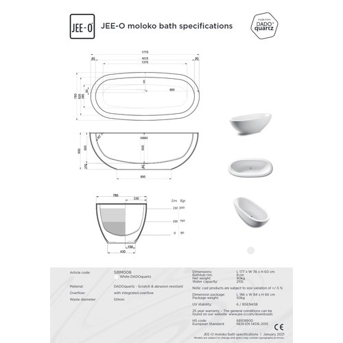 JEE-O Pure Moloko vrijstaand bad mat wit - SBM008 JEE-O JEE-O Pure Moloko vrijstaand bad mat wit - SBM008