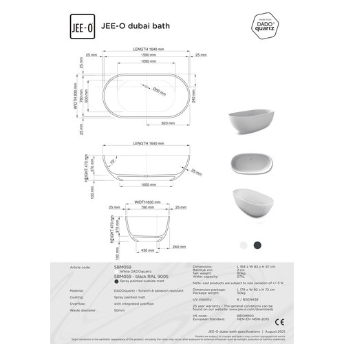 JEE-O JEE-O Slimline Dubai vrijstaand bad mat wit buitenkant brons - SBM059-brons