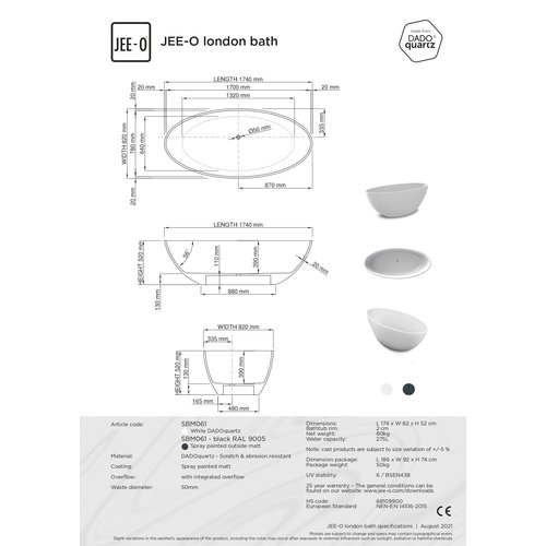 JEE-O JEE-O Slimline London vrijstaand bad mat wit - SBM061-Mat wit