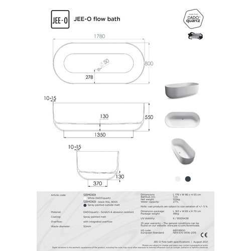 JEE-O JEE-O Flow vrijstaand bad mat wit buitenkant zilver - SBM069-zilver