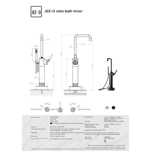 JEE-O JEE-O Soho RAW Vrijstaande badzuil met éénngreepsmengkraan progressieve cartridge met omsteller en handdouche geborsteld rvs - 700-3110