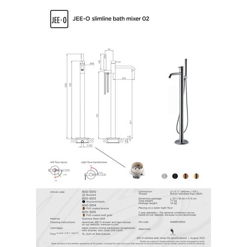 JEE-O JEE-O Slimline Vrijstaande badvuller met éénngreepsmengkraan met omsteller en handdouche geborsteld rvs - 800-3010