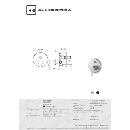 JEE-O JEE-O Slimline Wand bad/douche mengkraan mixer 02 met omsteller en inbouwdeel geborsteld rvs  - 800-2200