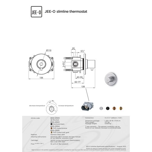 JEE-O JEE-O Slimline Wand thermostaat met inbouwdeel mat goud  - 800-2505