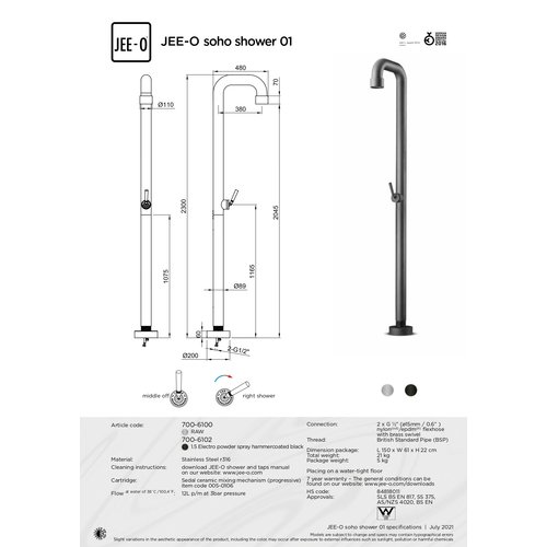 JEE-O JEE-O Soho RAW Vrijstaande douche met éénngreepsmengkraan met progressieve cartridge geborsteld rvs - 700-6100