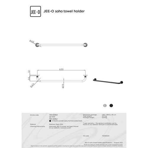 JEE-O JEE-O Soho Handdoekhouder 60 cm Mat zwart - 701-0062