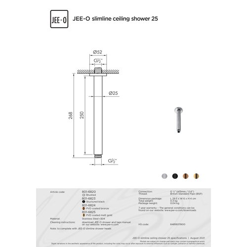 JEE-O JEE-O Slimline Plafond douchekophouder 25 cm Mat zwart - 801-6823