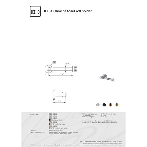 JEE-O JEE-O Slimline Wand toiletrolhouder geborsteld rvs - 801-0010