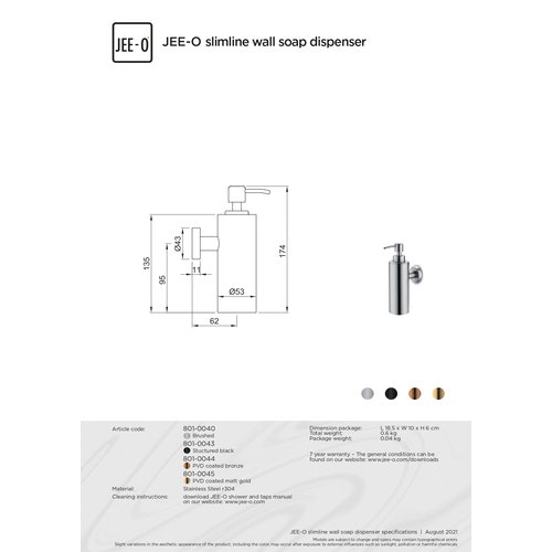 JEE-O JEE-O Slimline Zeepdispenser met wandhouder mat goud  - 801-0045