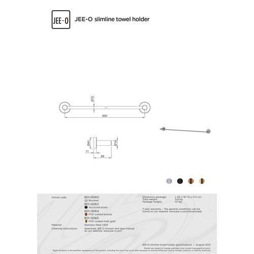 JEE-O JEE-O Slimline Handdoekhouder lengte 60 cm geborsteld rvs - 801-0060