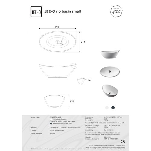 JEE-O Slimline Rio Waskom Klein SWMBAS68-Zwart | Mat Zwart JEE-O JEE-O Slimline Rio Waskom Klein SWMBAS68-Zwart | Mat Zwart
