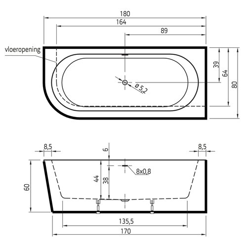 Xenz Xenz Charley Rechts Half-vrijstaand Hoekbad 180x80x60 Wit, sleuf overloop, waste Geborsteld goud