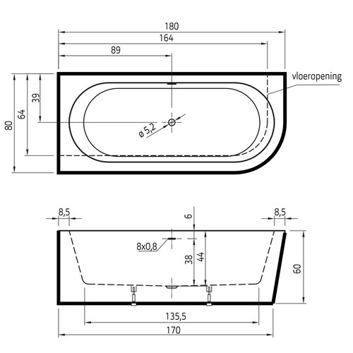 Xenz Xenz Charley Links Half-vrijstaand Hoekbad 180x80x60 Wit, sleuf overloop, waste Mat Wit