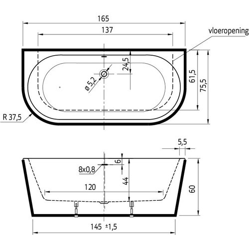 Xenz Xenz Charley XS Half-vrijstaand bad 165x75x58 Wit, sleuf overloop, waste Mat zwart