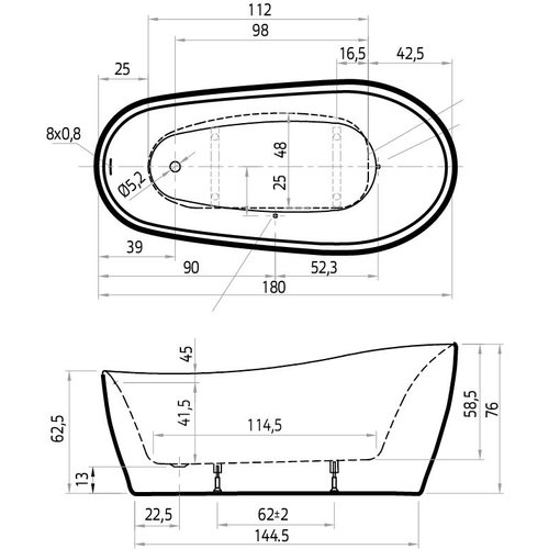 Xenz Xenz Isa Vrijstaand bad 180x85 62/76 Wit met sleuf overloop, waste Mat zwart