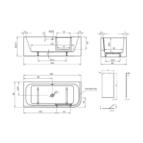 Xenz Xenz GO! inloop Half vrijstaand hoek/douchebad 180 x 80 cm Links Wit incl. douchescherm, sleuf overloop waste in Mat zwart