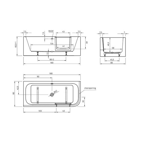 Xenz Xenz GO! inloop Half vrijstaand hoek/douchebad 180 x 80 cm Links Wit, sleuf overloop waste in Wit, zonder scherm