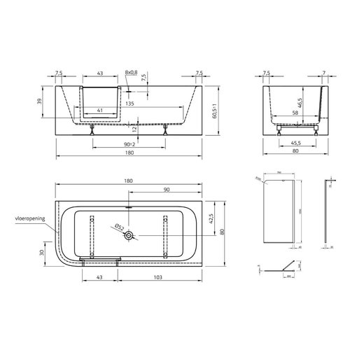 Xenz Xenz GO! inloop Half vrijstaand hoek/douchebad 180 x 80 cm Rechts Wit, incl. douchescherm, sleuf overloop waste in Mat zwart