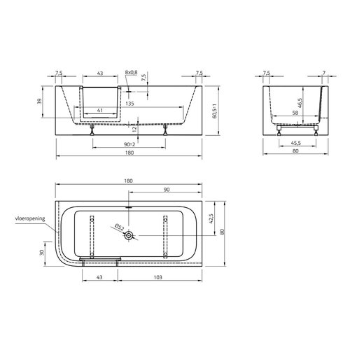 Xenz Xenz GO! inloop Half vrijstaand hoek/douchebad 180 x 80 cm Rechts Wit, sleuf overloop waste in Mat zwart, zonder scherm