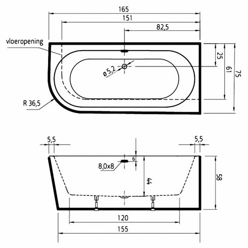 Xenz Xenz Charley XS Rechts Half-vrijstaand Hoekbad 165x75x58 Wit, sleuf overloop, waste Mat zwart