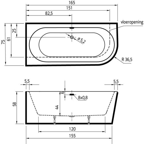 Xenz Xenz Charley XS Links Half-vrijstaand Hoekbad 165x75x58 Mat Wit, sleuf overloop, waste Chroom