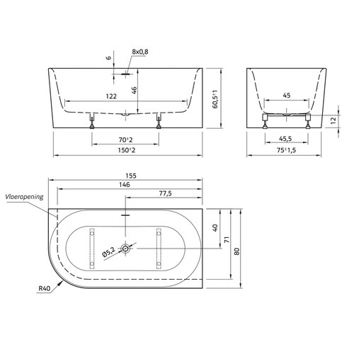 Xenz Xenz Fay Half-vrijstaand Hoekbad XS rechts 155x80x60 Wit, met sleuf overloop, incl waste Glans Wit