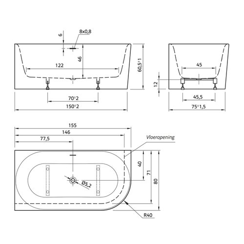 Xenz Xenz Fay Half-vrijstaand Hoekbad XS links 155x80x60 Wit, met sleuf overloop, incl waste Glans Wit